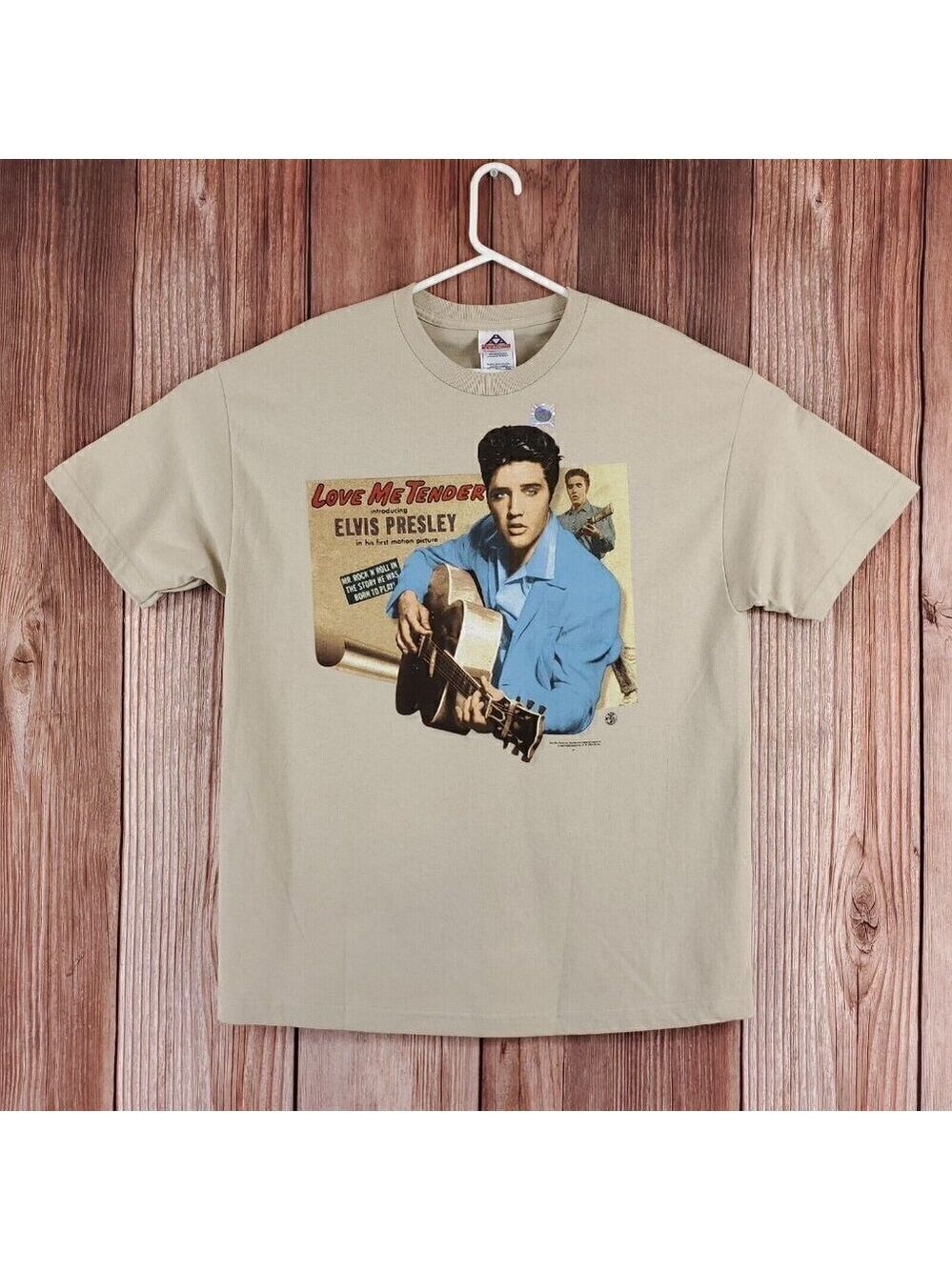 Vintage 1998 AAA Mens Sz XL Elvis Presley Love Me Tender Tan T-Shirt Tee Cotton